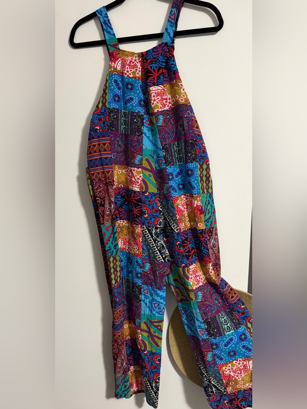 Boho OVERALLS CottonBlend Side & Front Pockets Patchwork look EUC Side Zip